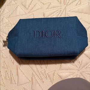Dior Navy Denim Toiletry Bag for Women with cosmetic sample of mascara and lippi